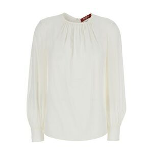 Maxmara Studio Women White Round Neck Blouse With Ruffle Detail In Silk Woman